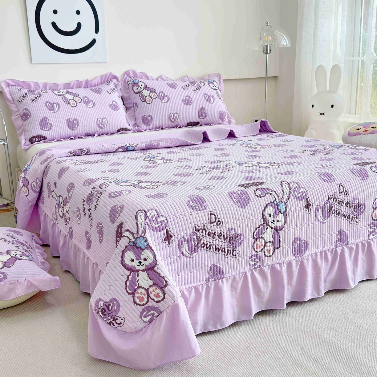 91家纺网 家纺一手货源 找家纺 赛琳 2026新款水洗棉花边床盖单件床盖四季通用夹棉床盖 床盖单件 心心小兔