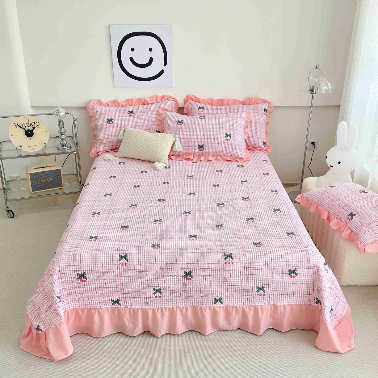 赛琳 2026新款水洗棉花边床盖单件床盖四季通用夹棉床盖 床盖单件 粉色樱桃