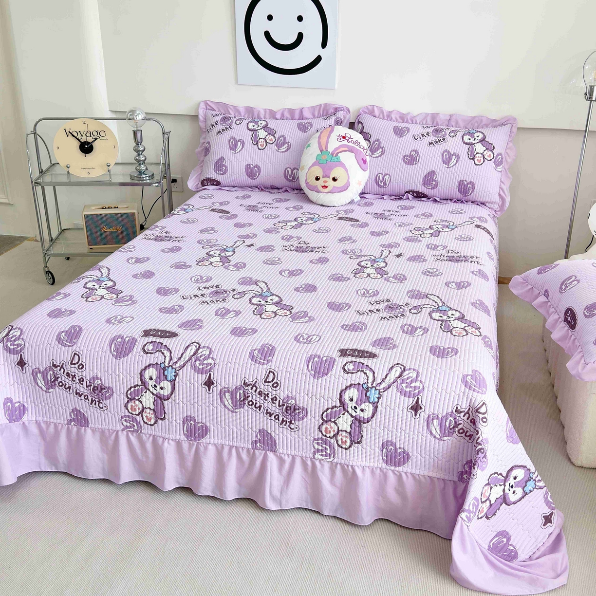 91家纺网 家纺一手货源 找家纺 赛琳 2026新款水洗棉花边床盖单件床盖四季通用夹棉床盖 床盖单件 心心小兔