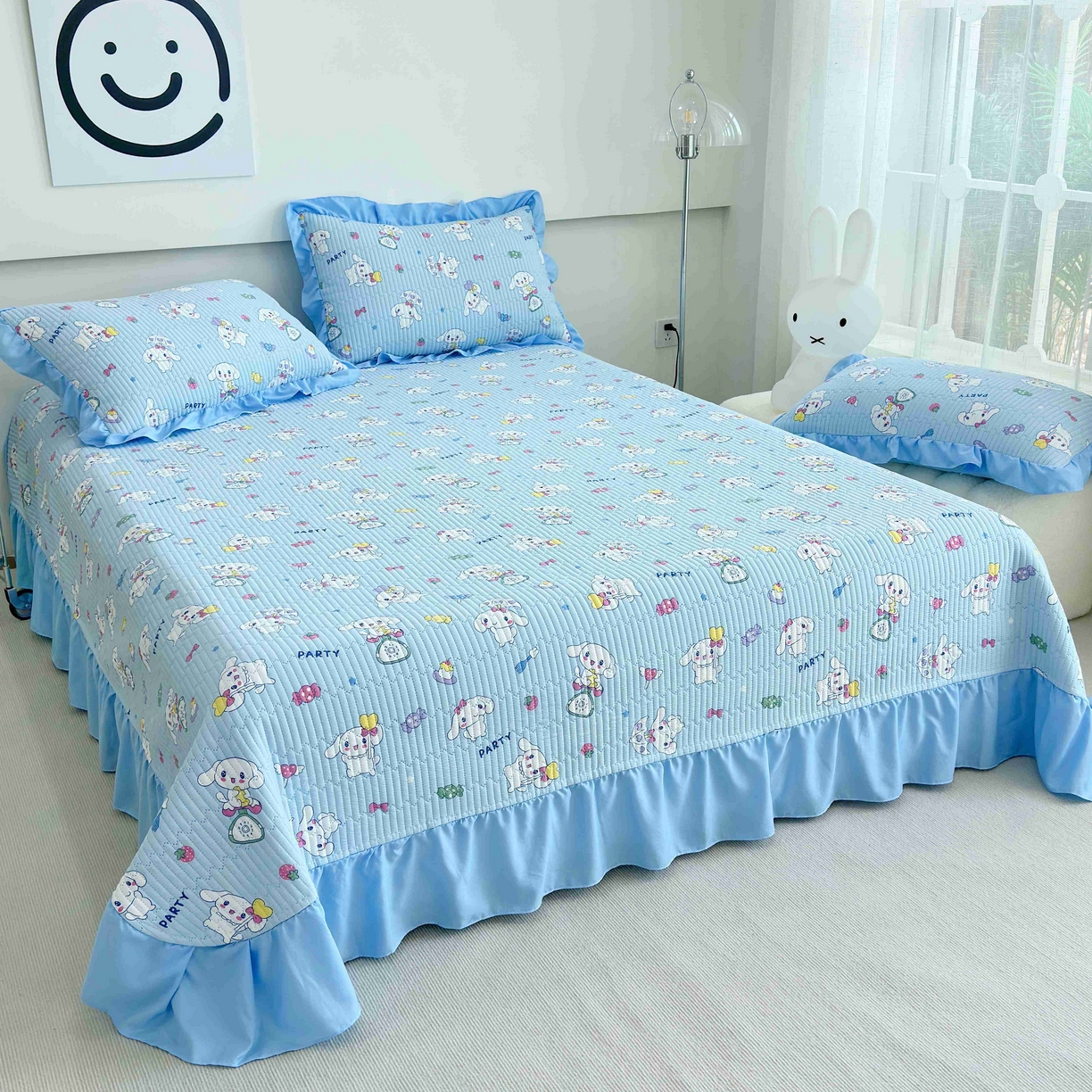 91家纺网 家纺一手货源 找家纺 赛琳 2026新款水洗棉花边床盖单件床盖四季通用夹棉床盖 床盖单件 爱心小狗