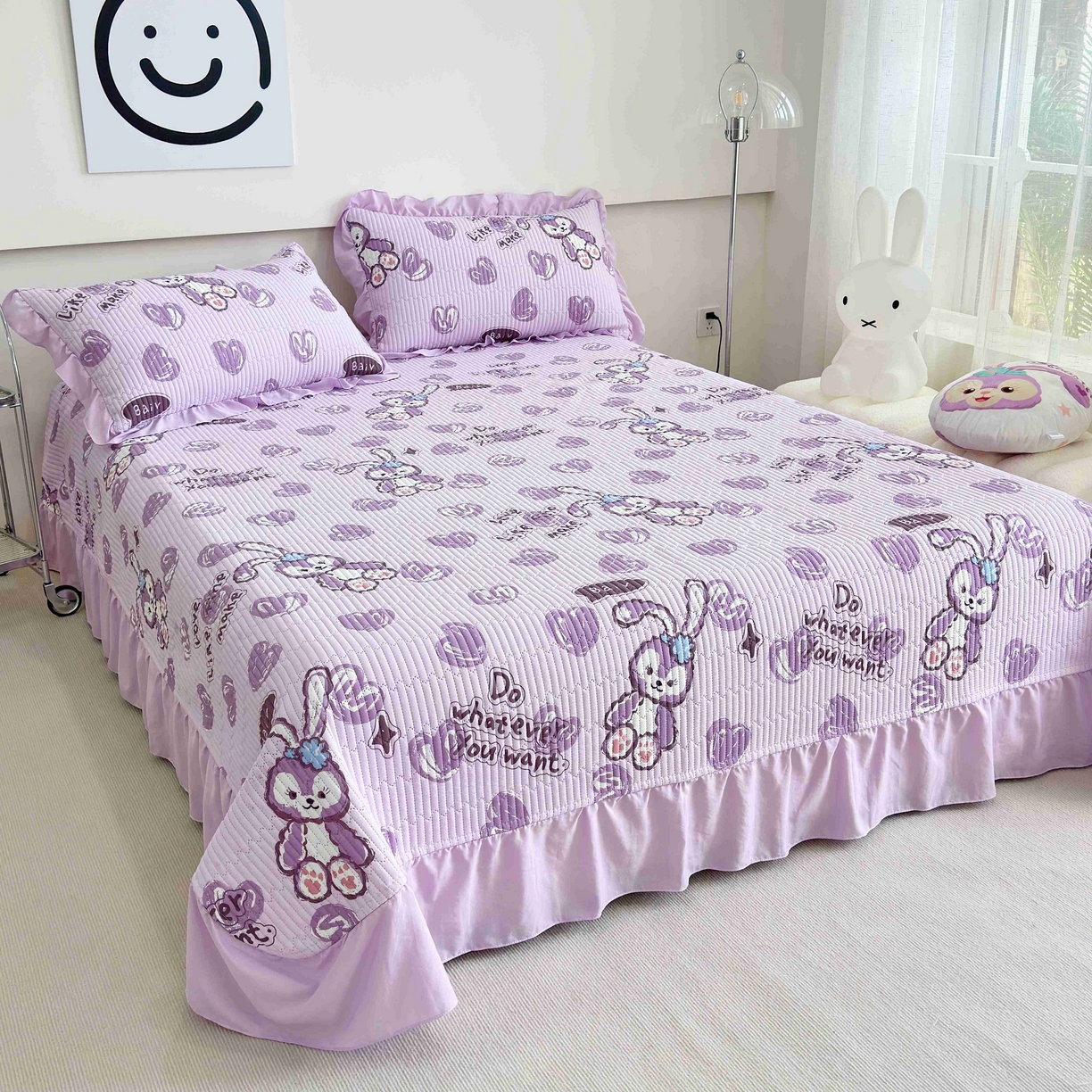 91家纺网 家纺一手货源 找家纺 赛琳 2026新款水洗棉花边床盖单件床盖四季通用夹棉床盖 床盖单件 心心小兔