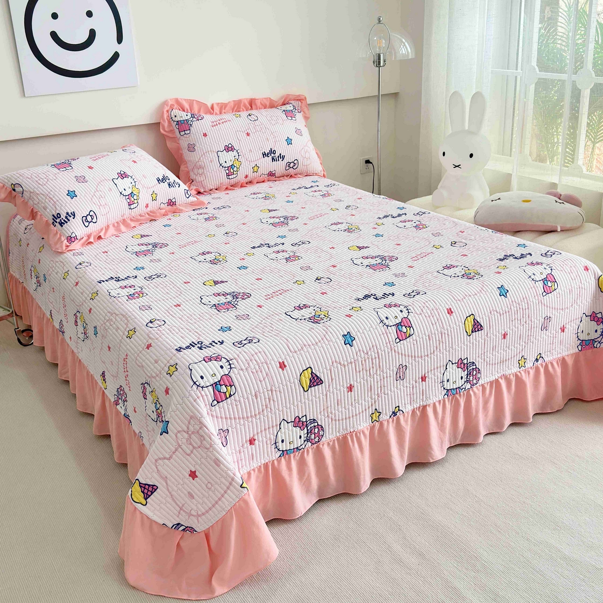 91家纺网 家纺一手货源 找家纺 赛琳 2026新款水洗棉花边床盖单件床盖四季通用夹棉床盖 床盖单件 甜心猫咪