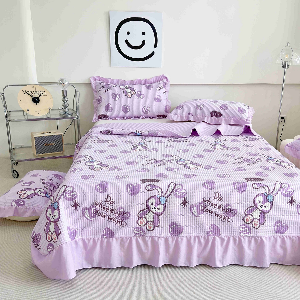 91家纺网 家纺一手货源 找家纺 赛琳 2026新款水洗棉花边床盖单件床盖四季通用夹棉床盖 床盖单件 心心小兔