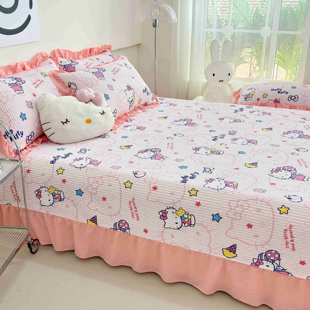 91家纺网 家纺一手货源 找家纺 赛琳 2026新款水洗棉花边床盖单件床盖四季通用夹棉床盖 床盖单件 甜心猫咪