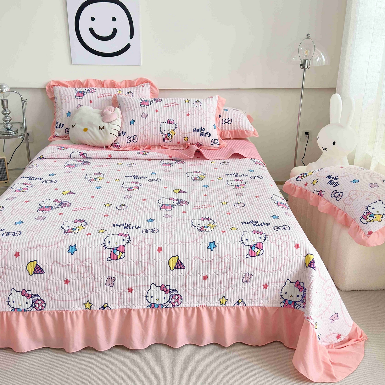 91家纺网 家纺一手货源 找家纺 赛琳 2026新款水洗棉花边床盖单件床盖四季通用夹棉床盖 床盖单件 甜心猫咪