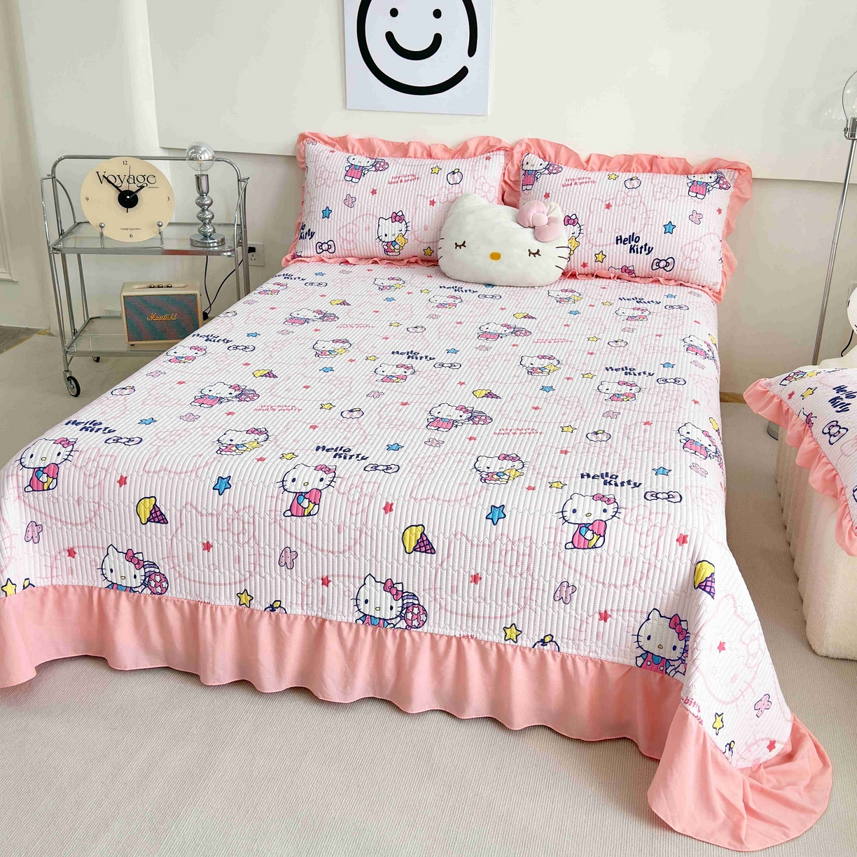 91家纺网 家纺一手货源 找家纺 赛琳 2026新款水洗棉花边床盖单件床盖四季通用夹棉床盖 床盖单件 甜心猫咪