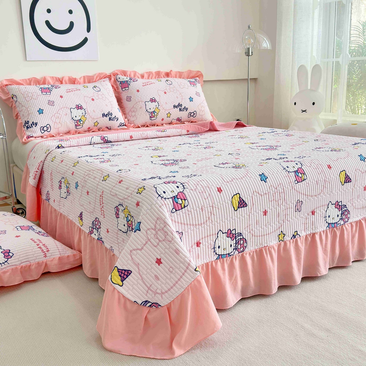 91家纺网 家纺一手货源 找家纺 赛琳 2026新款水洗棉花边床盖单件床盖四季通用夹棉床盖 床盖单件 甜心猫咪