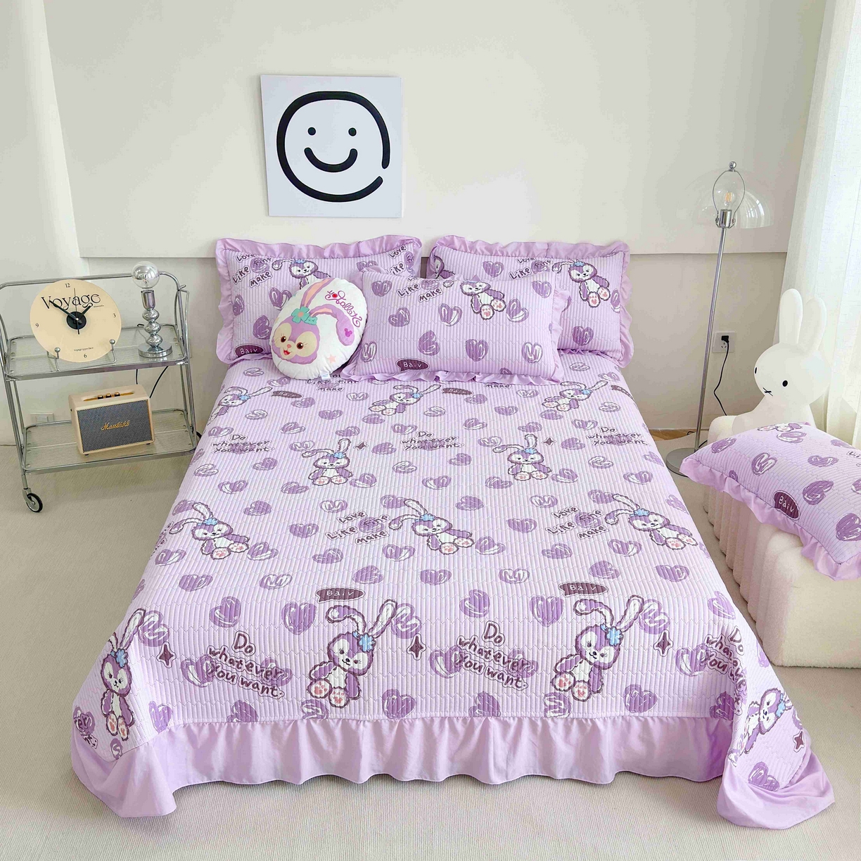 赛琳 2026新款水洗棉花边床盖单件床盖四季通用夹棉床盖 床盖单件 心心小兔