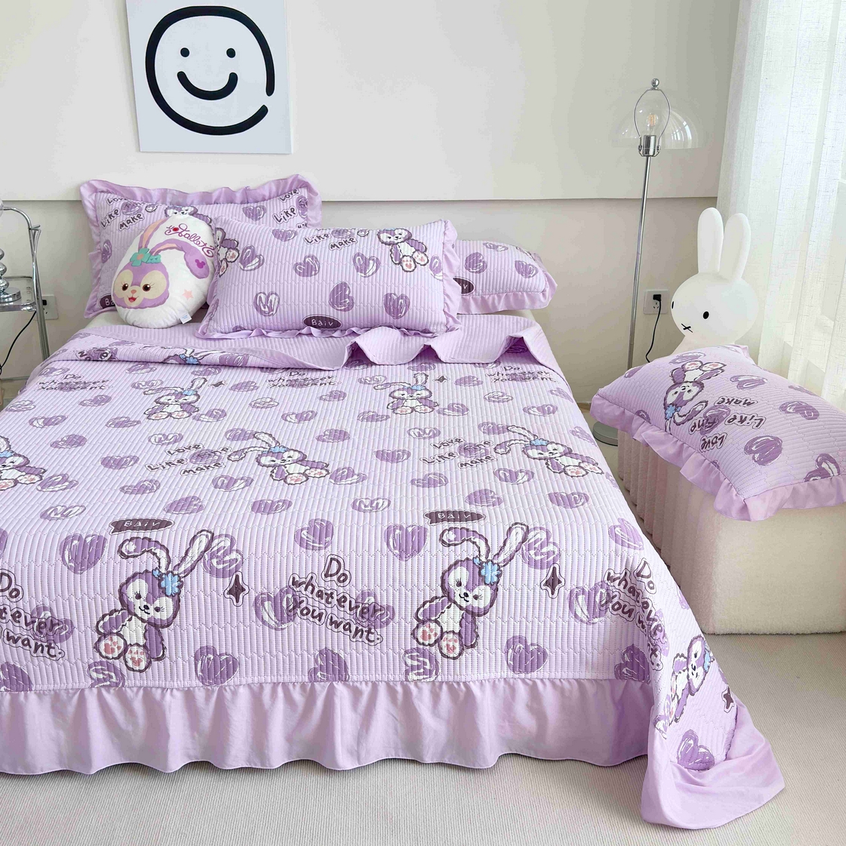 91家纺网 家纺一手货源 找家纺 赛琳 2026新款水洗棉花边床盖单件床盖四季通用夹棉床盖 床盖单件 心心小兔