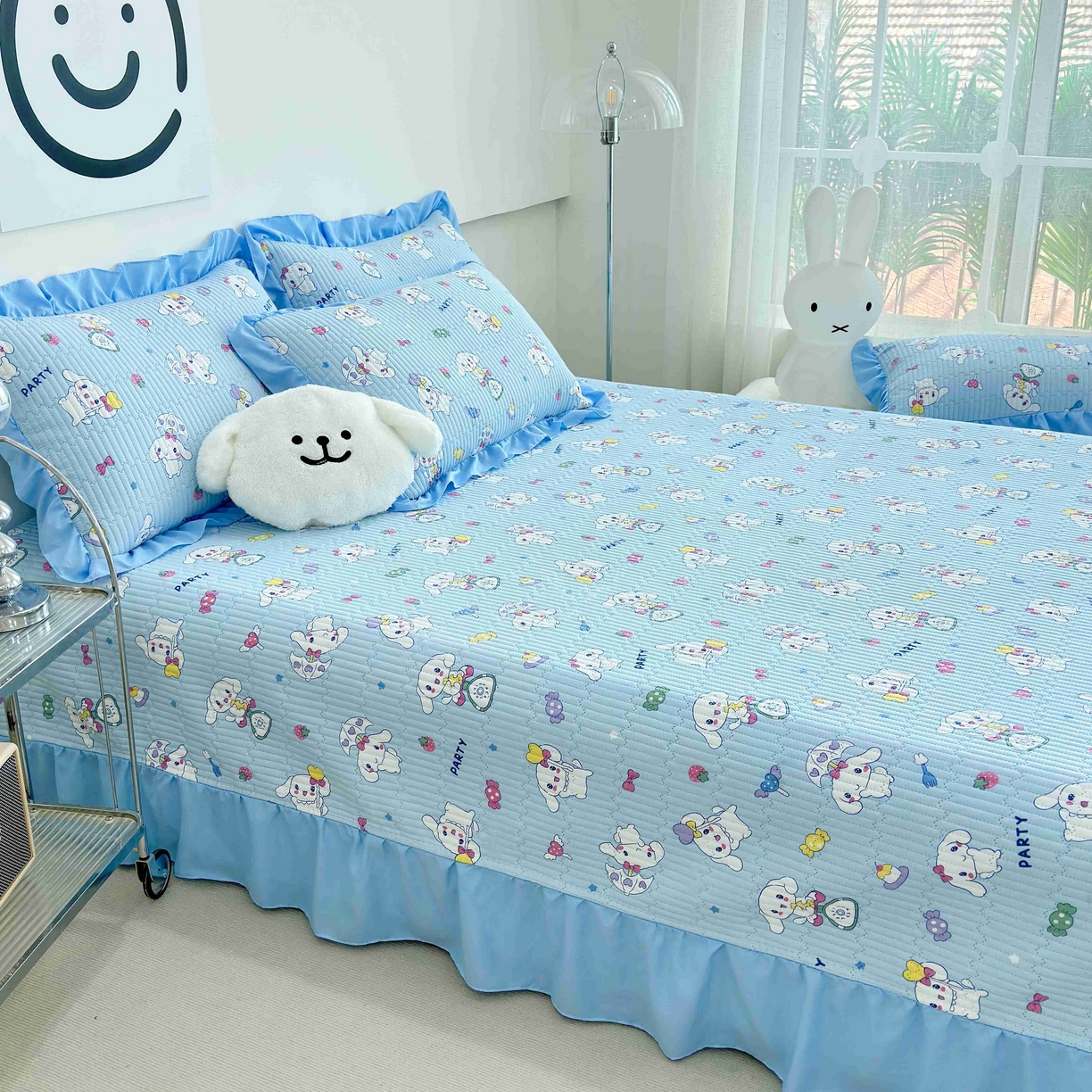 91家纺网 家纺一手货源 找家纺 赛琳 2026新款水洗棉花边床盖单件床盖四季通用夹棉床盖 床盖单件 爱心小狗