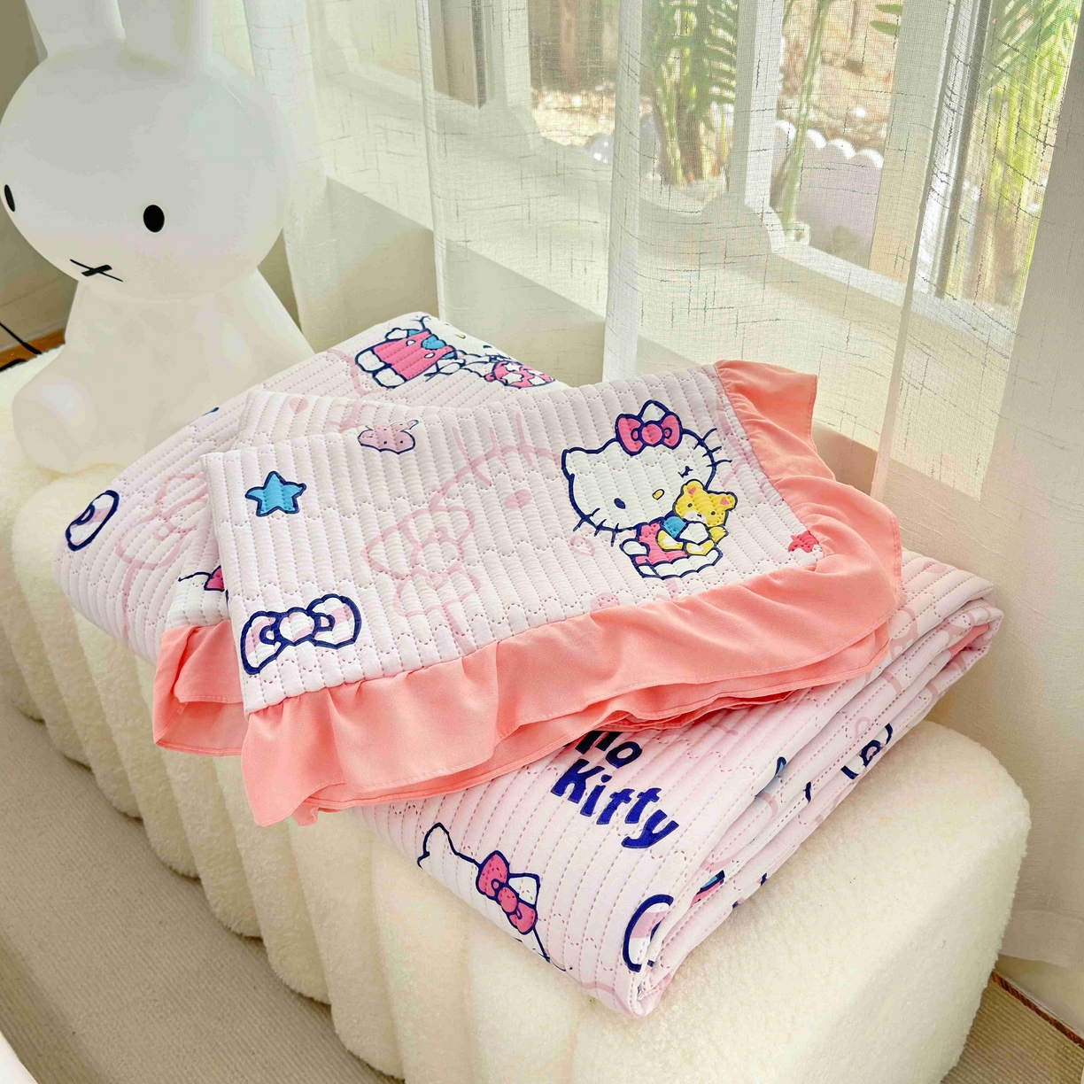 91家纺网 家纺一手货源 找家纺 赛琳 2026新款水洗棉花边床盖单件床盖四季通用夹棉床盖 床盖单件 甜心猫咪