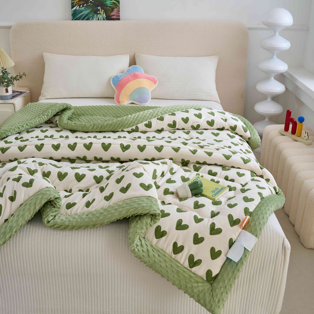 91家纺网 家纺一手货源 找家纺 赛琳 2026新款包边豆豆被单人学生宿舍春秋被豆豆冬被被子被芯 爱心-绿