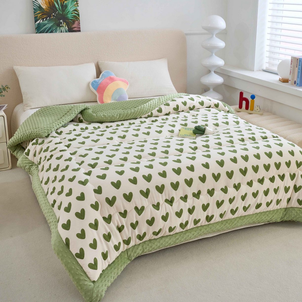 91家纺网 家纺一手货源 找家纺 赛琳 2026新款包边豆豆被单人学生宿舍春秋被豆豆冬被被子被芯 爱心-绿