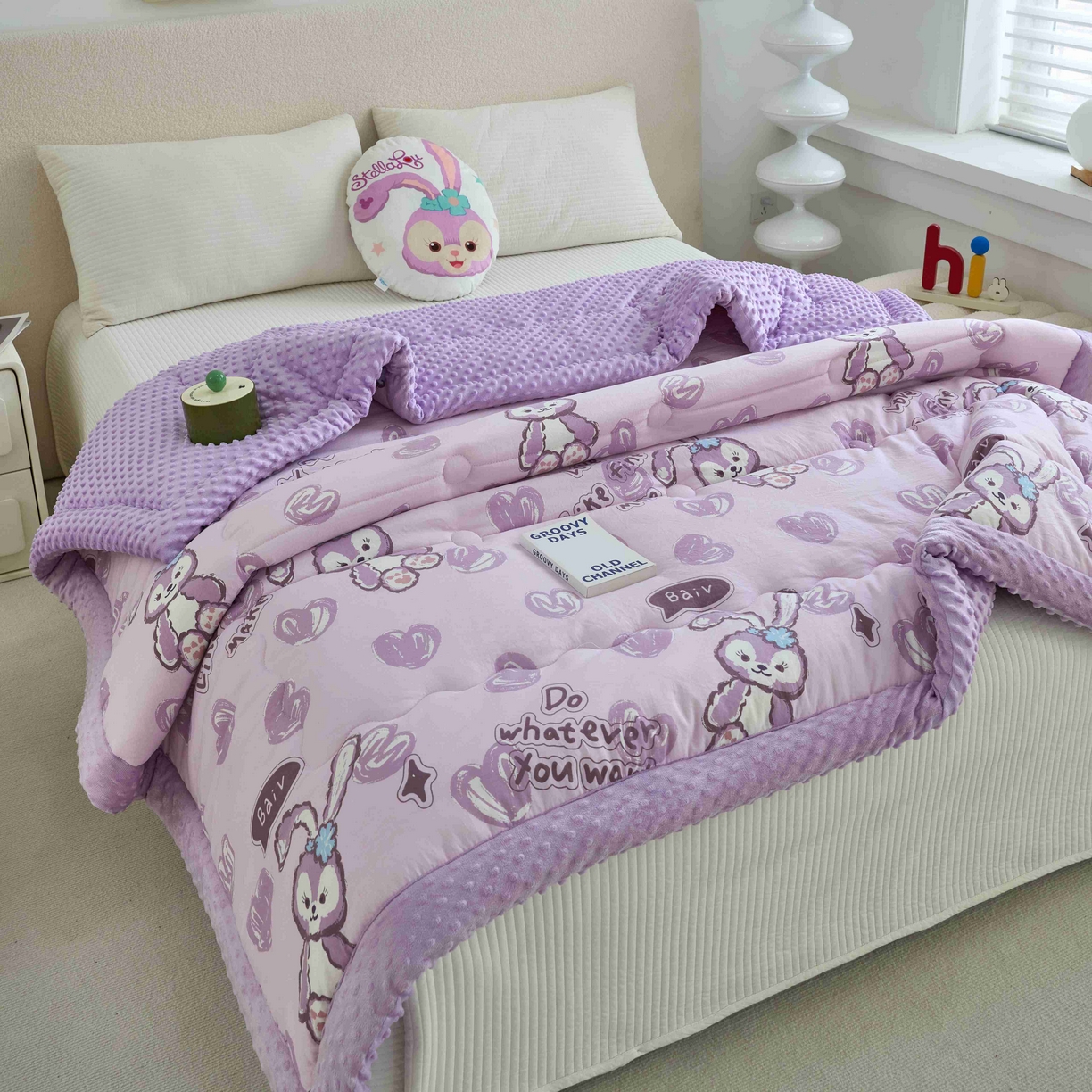 91家纺网 家纺一手货源 找家纺 赛琳 2026新款包边豆豆被单人学生宿舍春秋被豆豆冬被被子被芯 紫色小兔