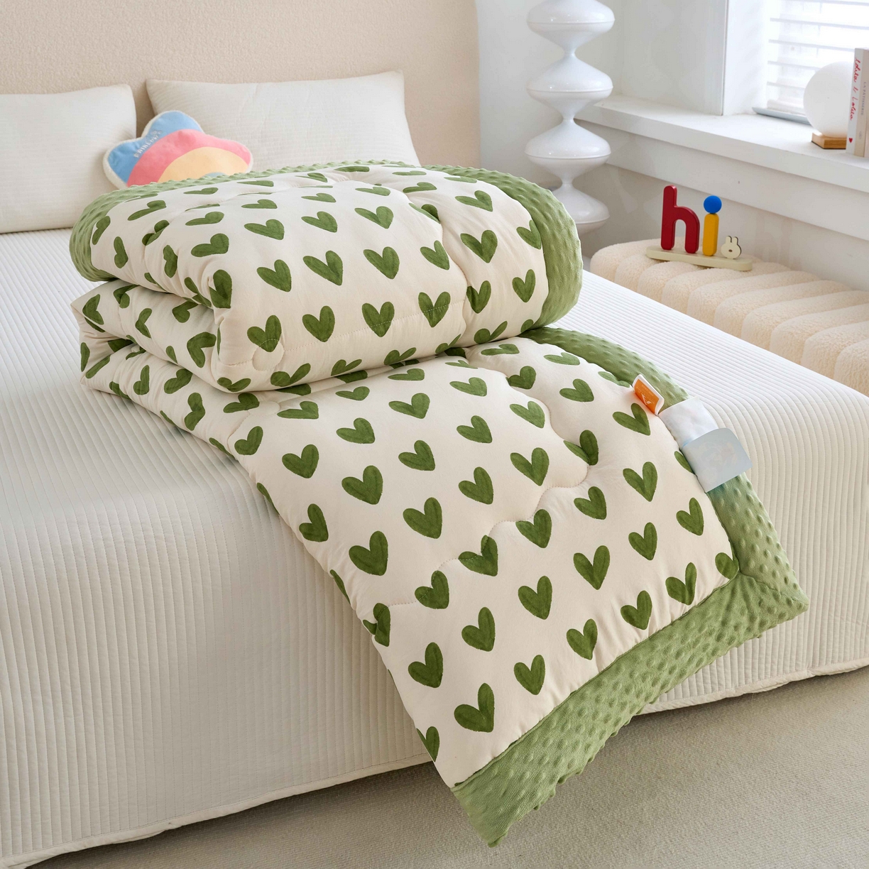 91家纺网 家纺一手货源 找家纺 赛琳 2026新款包边豆豆被单人学生宿舍春秋被豆豆冬被被子被芯 爱心-绿