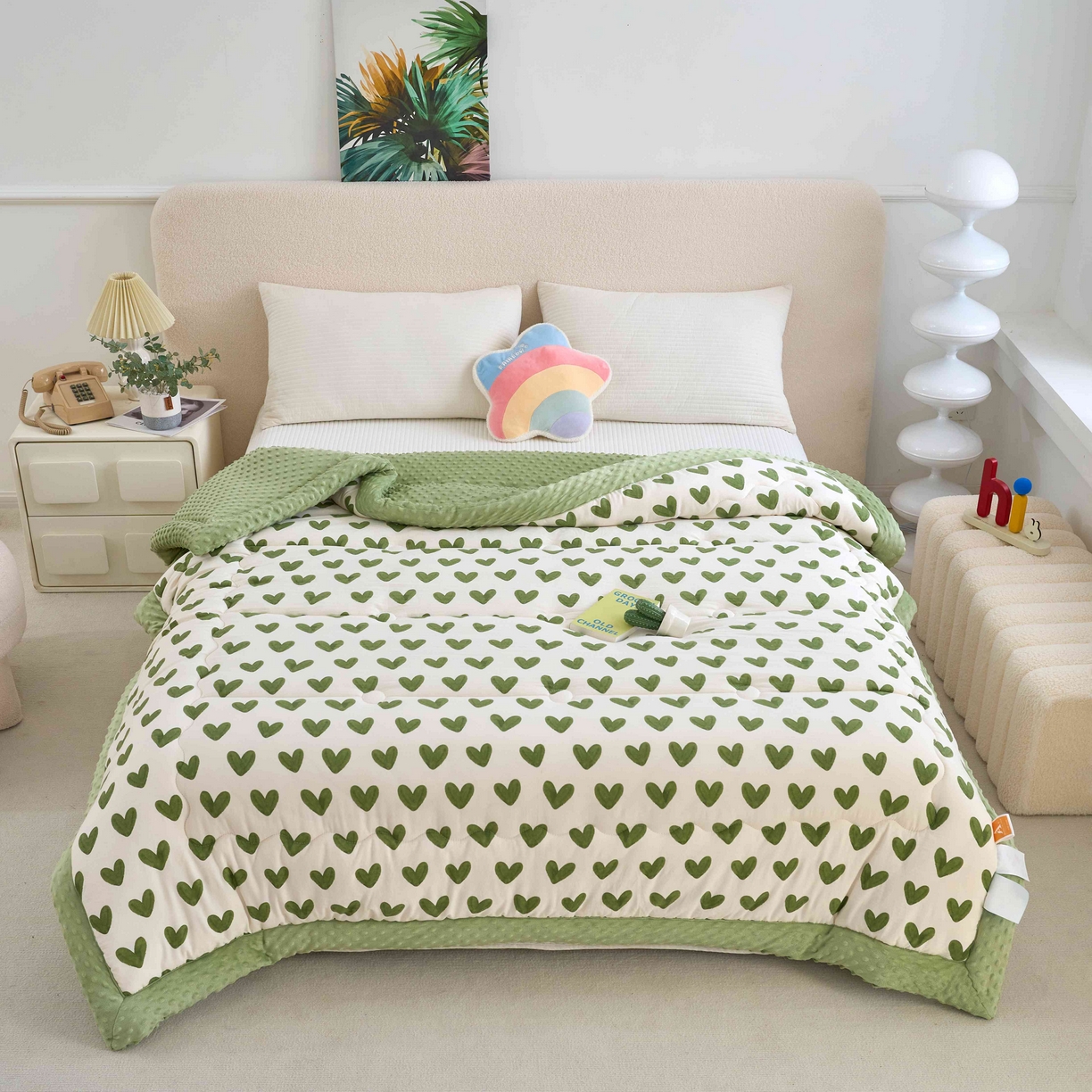 91家纺网 家纺一手货源 找家纺 赛琳 2026新款包边豆豆被单人学生宿舍春秋被豆豆冬被被子被芯 爱心-绿