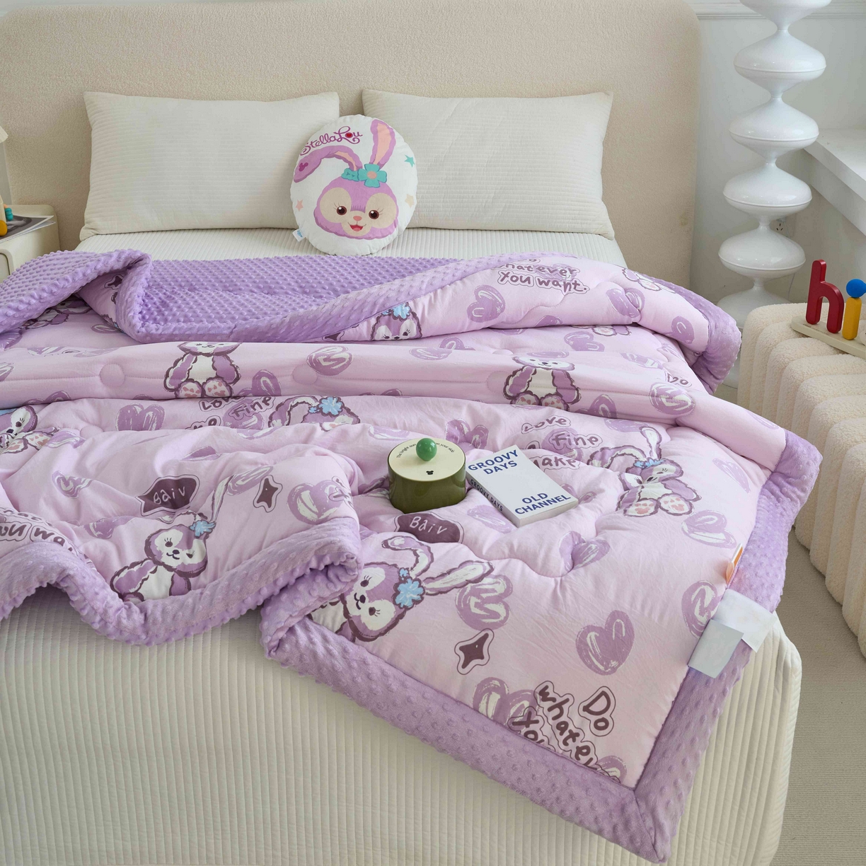 91家纺网 家纺一手货源 找家纺 赛琳 2026新款包边豆豆被单人学生宿舍春秋被豆豆冬被被子被芯 紫色小兔