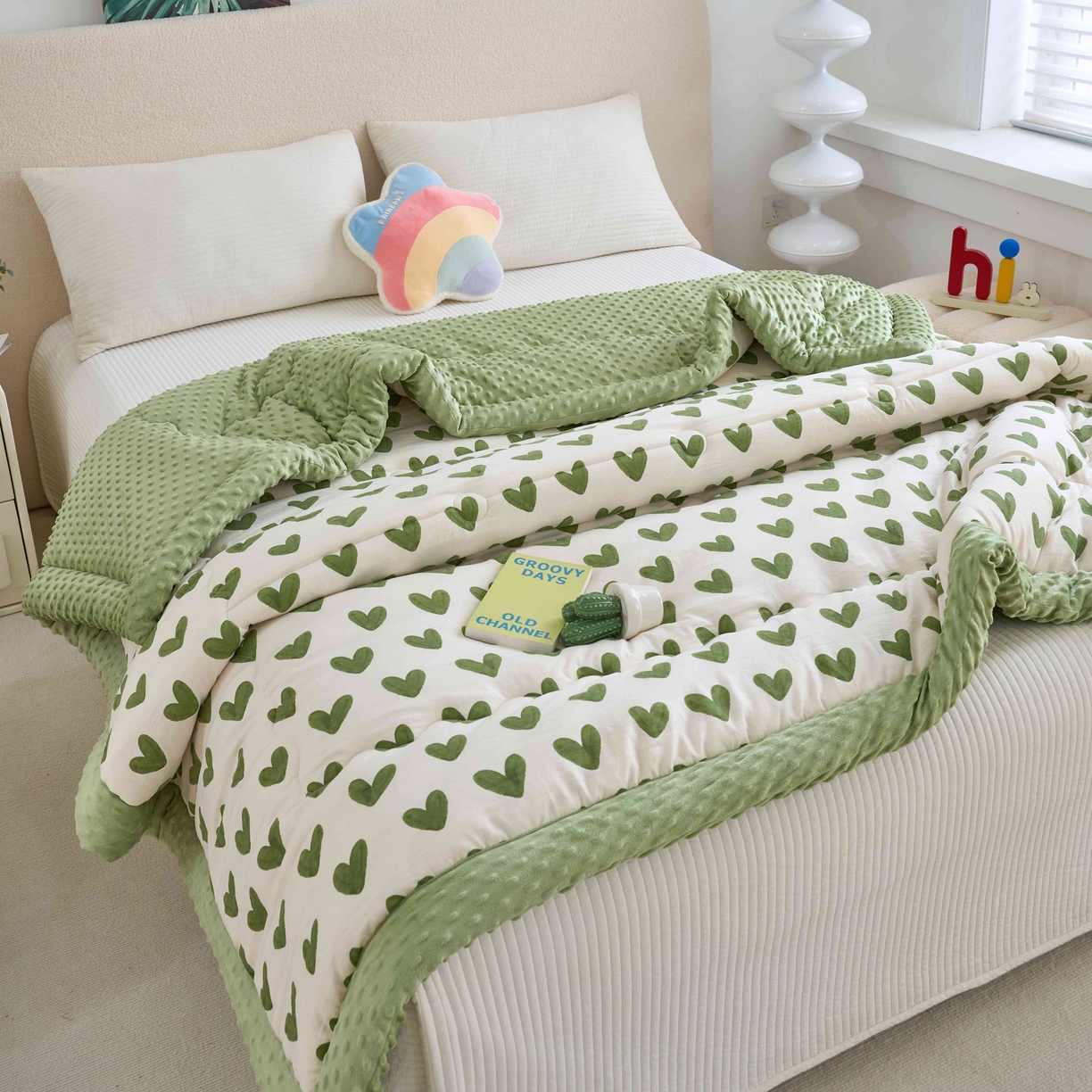 91家纺网 家纺一手货源 找家纺 赛琳 2026新款包边豆豆被单人学生宿舍春秋被豆豆冬被被子被芯 爱心-绿