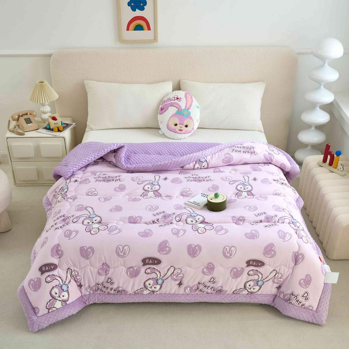 91家纺网 家纺一手货源 找家纺 赛琳 2026新款包边豆豆被单人学生宿舍春秋被豆豆冬被被子被芯 紫色小兔