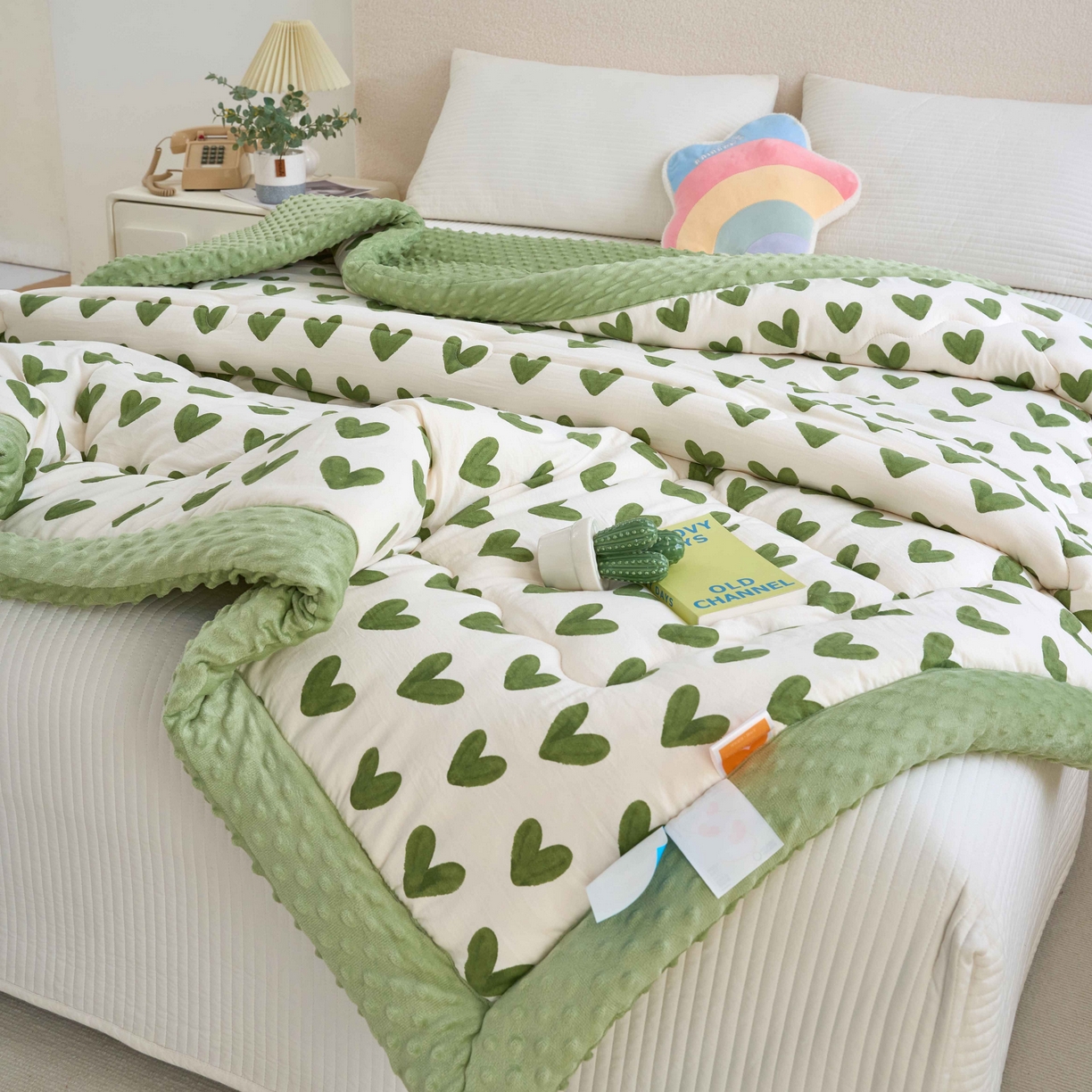91家纺网 家纺一手货源 找家纺 赛琳 2026新款包边豆豆被单人学生宿舍春秋被豆豆冬被被子被芯 爱心-绿