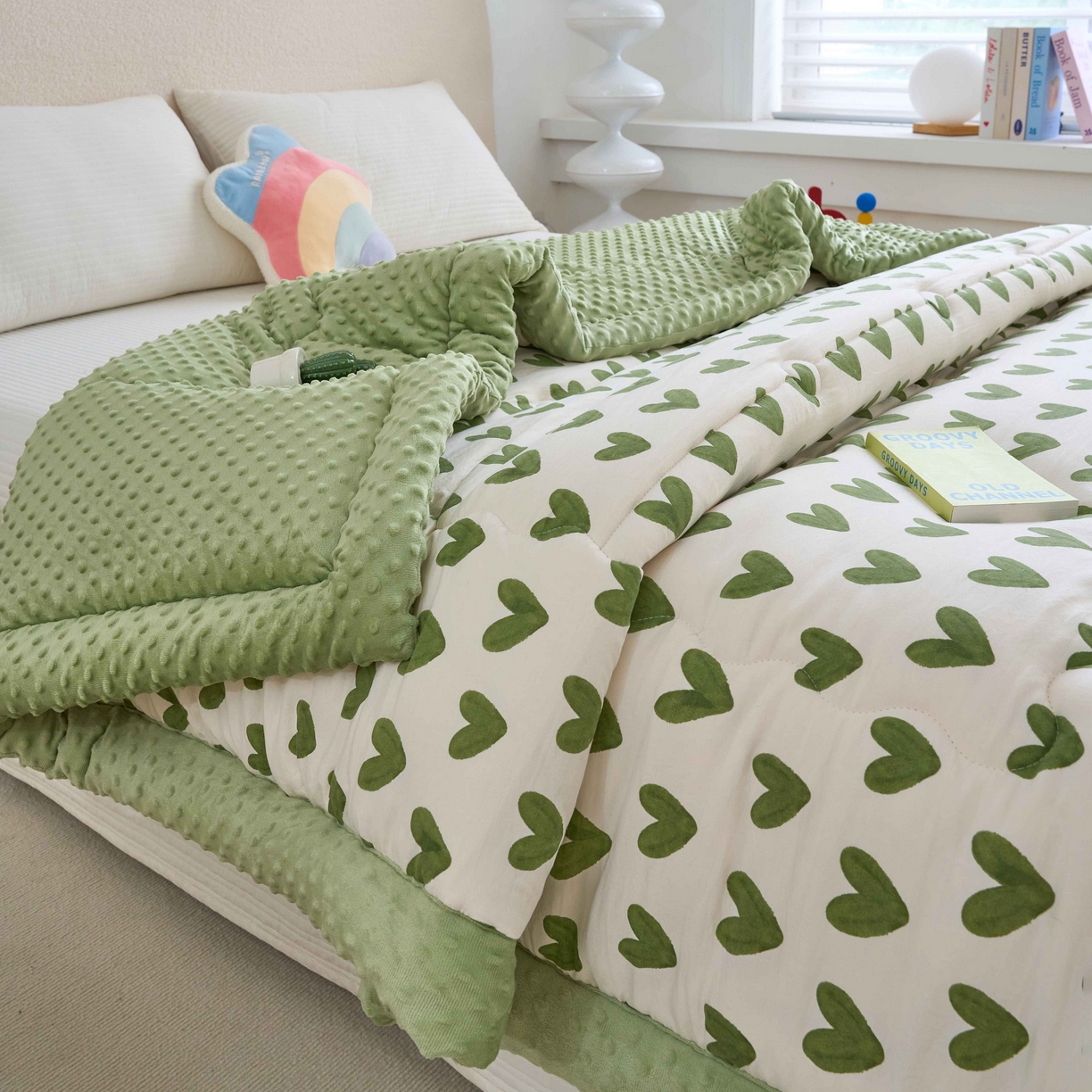 91家纺网 家纺一手货源 找家纺 赛琳 2026新款包边豆豆被单人学生宿舍春秋被豆豆冬被被子被芯 爱心-绿