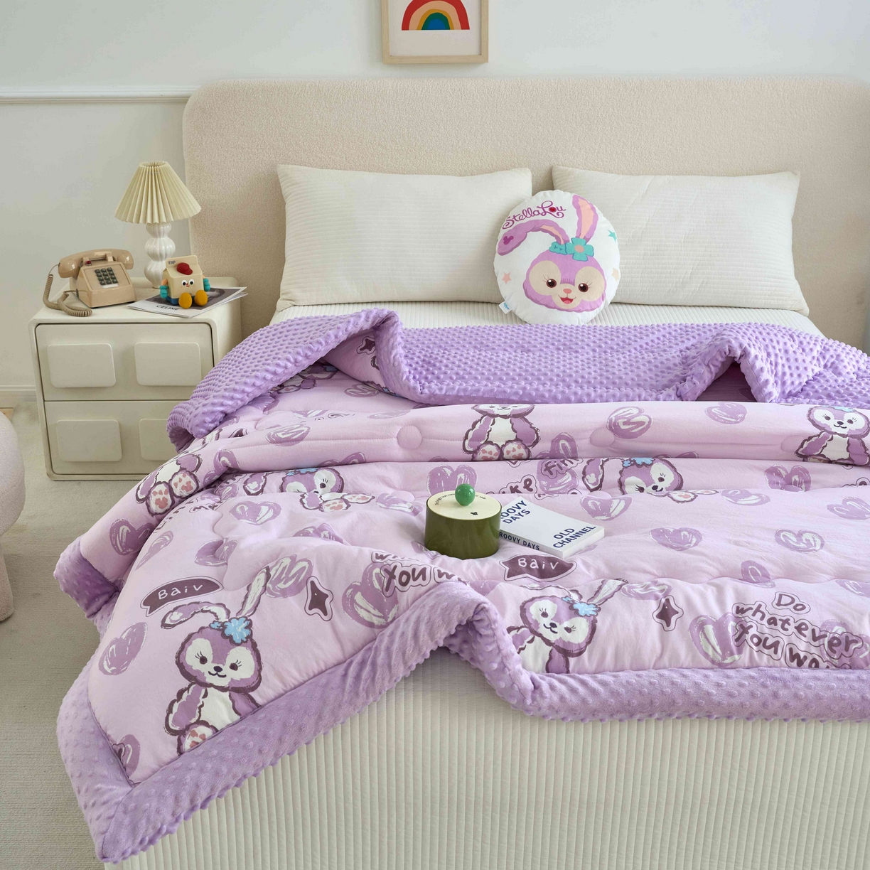 91家纺网 家纺一手货源 找家纺 赛琳 2026新款包边豆豆被单人学生宿舍春秋被豆豆冬被被子被芯 紫色小兔