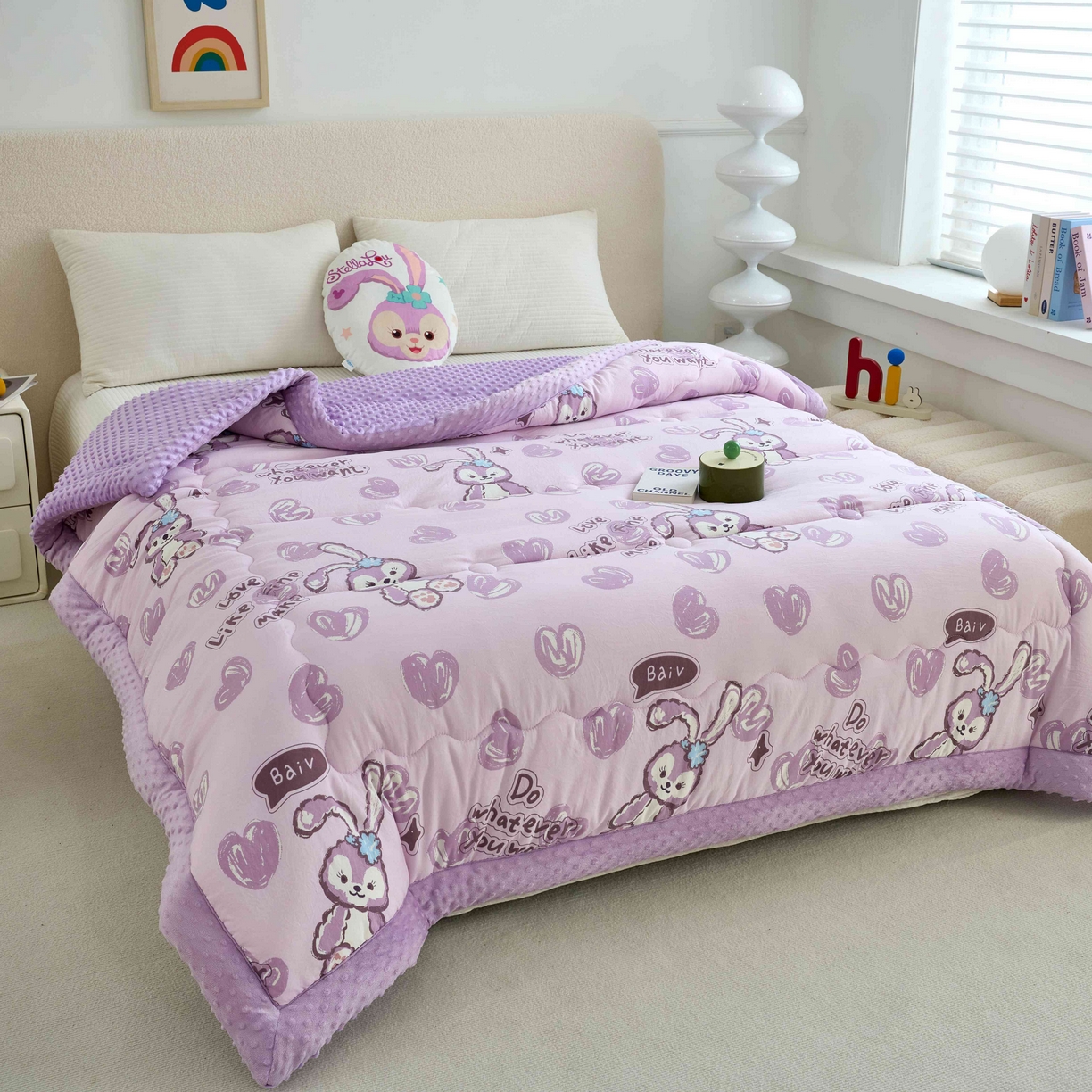 91家纺网 家纺一手货源 找家纺 赛琳 2026新款包边豆豆被单人学生宿舍春秋被豆豆冬被被子被芯 紫色小兔