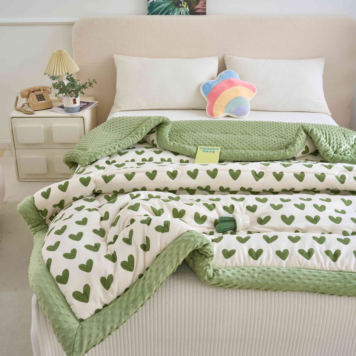 91家纺网 家纺一手货源 找家纺 赛琳 2026新款包边豆豆被单人学生宿舍春秋被豆豆冬被被子被芯 爱心-绿