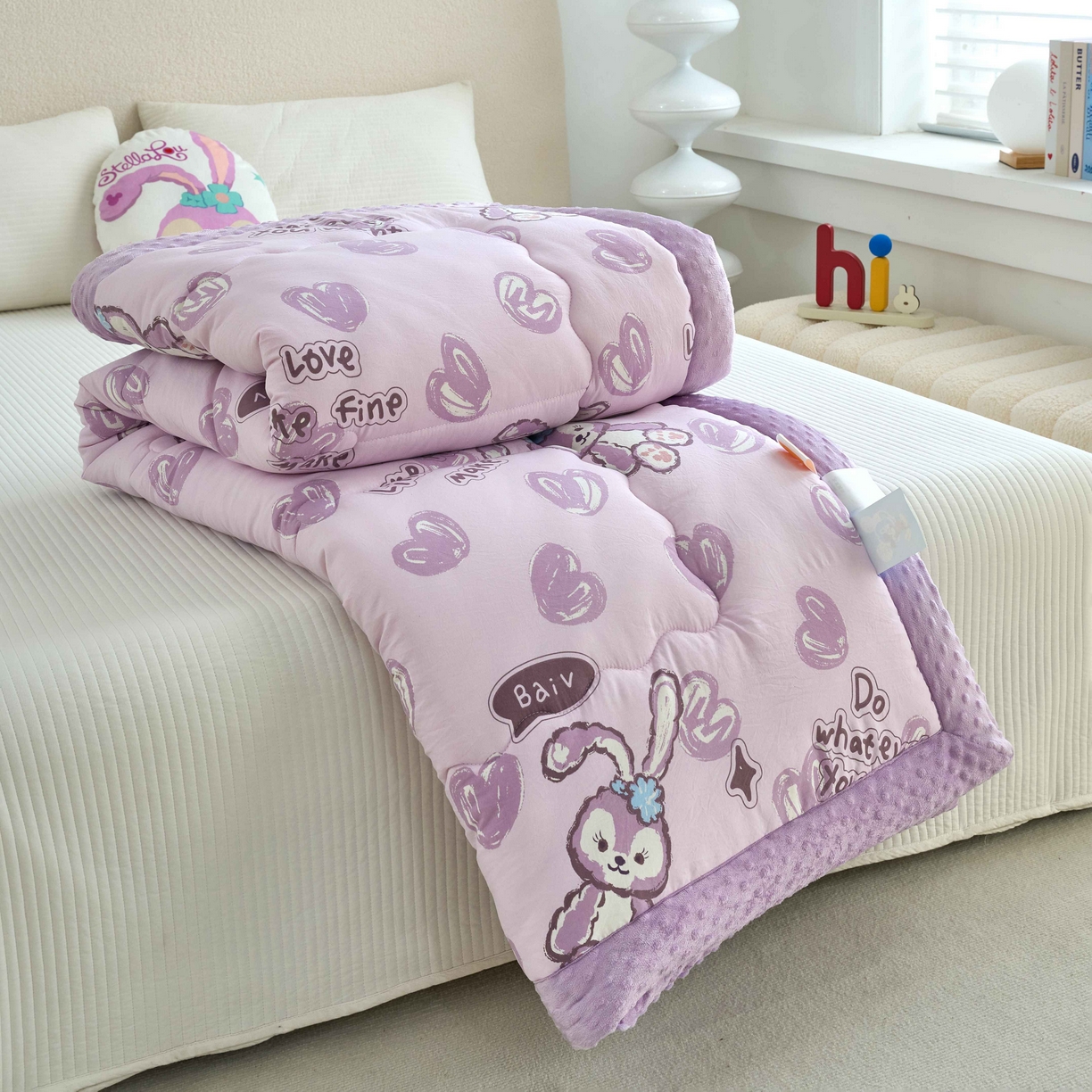 91家纺网 家纺一手货源 找家纺 赛琳 2026新款包边豆豆被单人学生宿舍春秋被豆豆冬被被子被芯 紫色小兔
