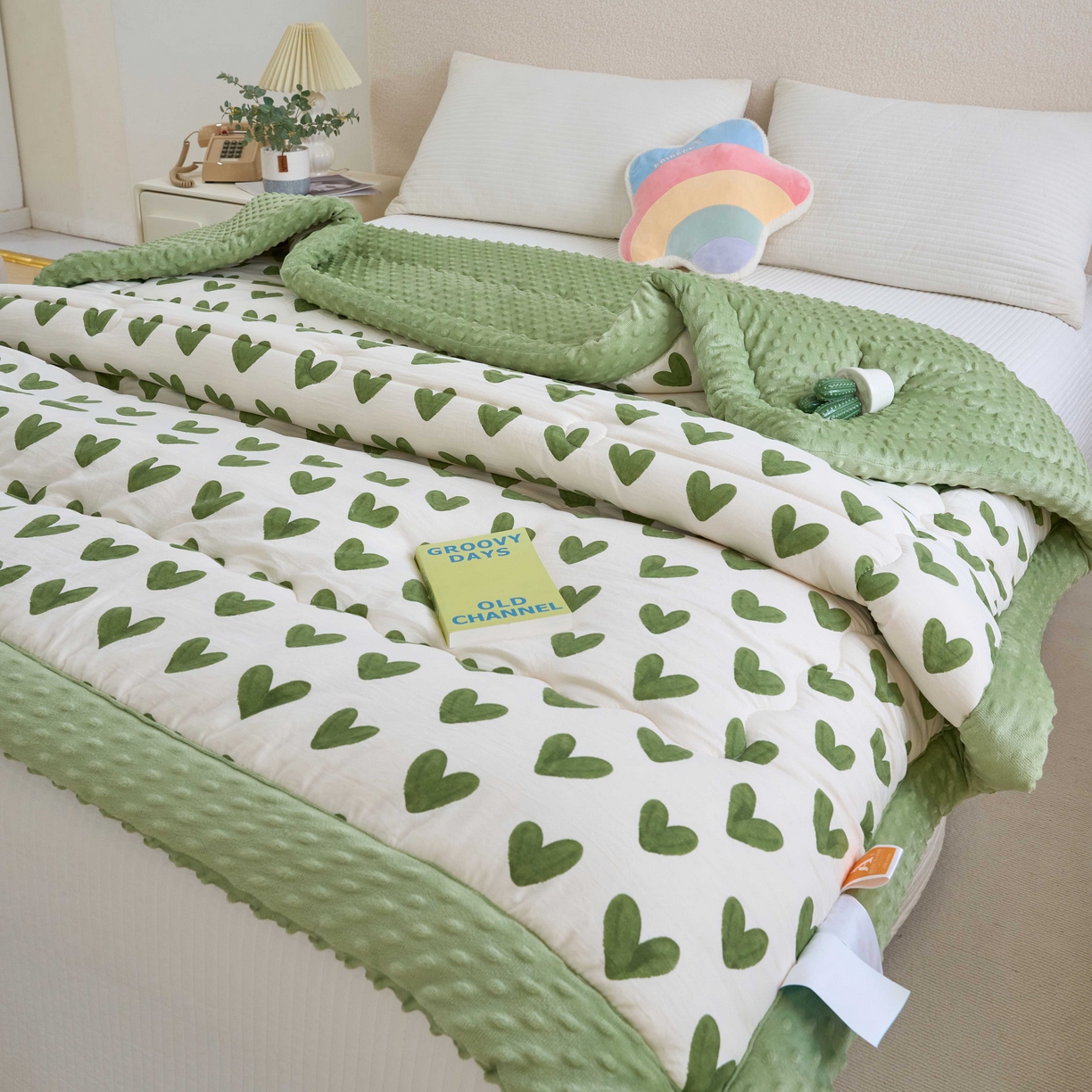 91家纺网 家纺一手货源 找家纺 赛琳 2026新款包边豆豆被单人学生宿舍春秋被豆豆冬被被子被芯 爱心-绿