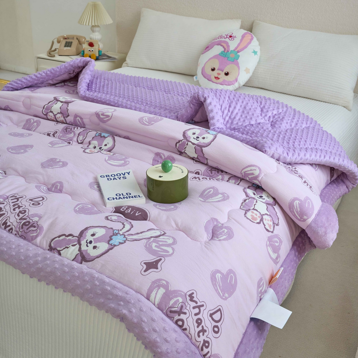 91家纺网 家纺一手货源 找家纺 赛琳 2026新款包边豆豆被单人学生宿舍春秋被豆豆冬被被子被芯 紫色小兔