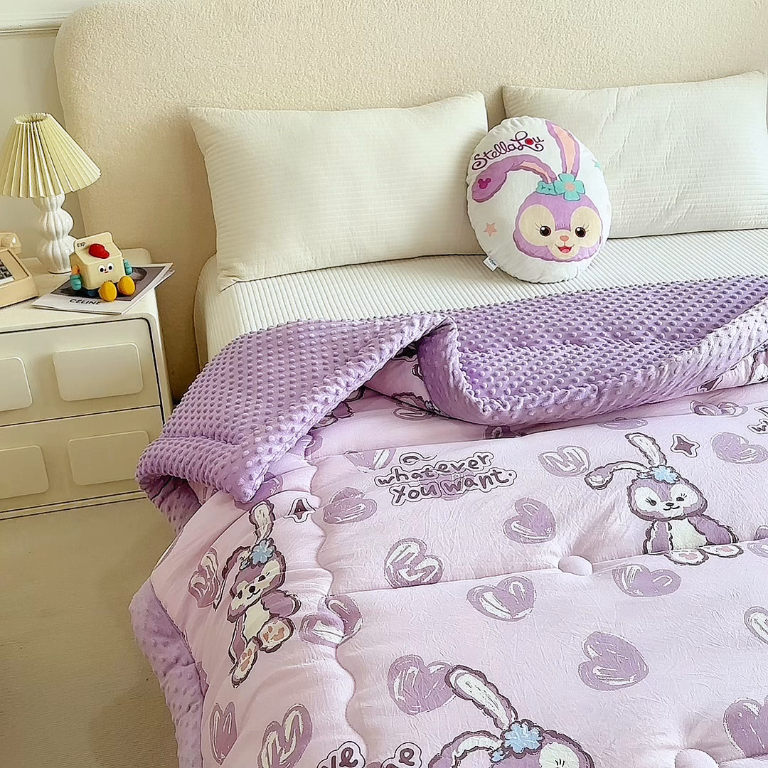 91家纺网 家纺一手货源 找家纺 赛琳 2026新款包边豆豆被单人学生宿舍春秋被豆豆冬被被子被芯 紫色小兔