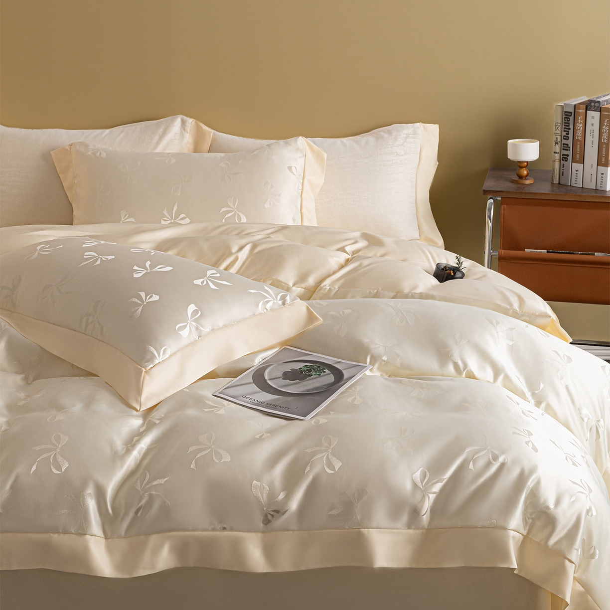 91家纺网 家纺一手货源 找家纺 悦织湾家纺 2026春夏新款亲肤冰丝提花四件套 雅蝶（奶白）