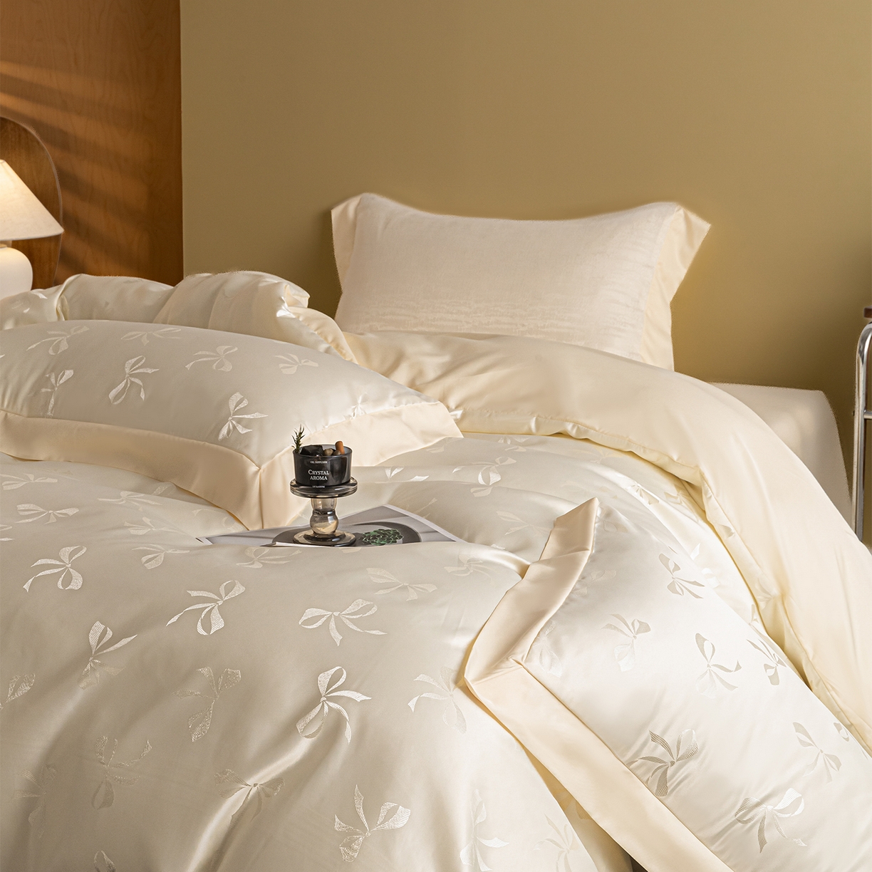 91家纺网 家纺一手货源 找家纺 悦织湾家纺 2026春夏新款亲肤冰丝提花四件套 雅蝶（奶白）