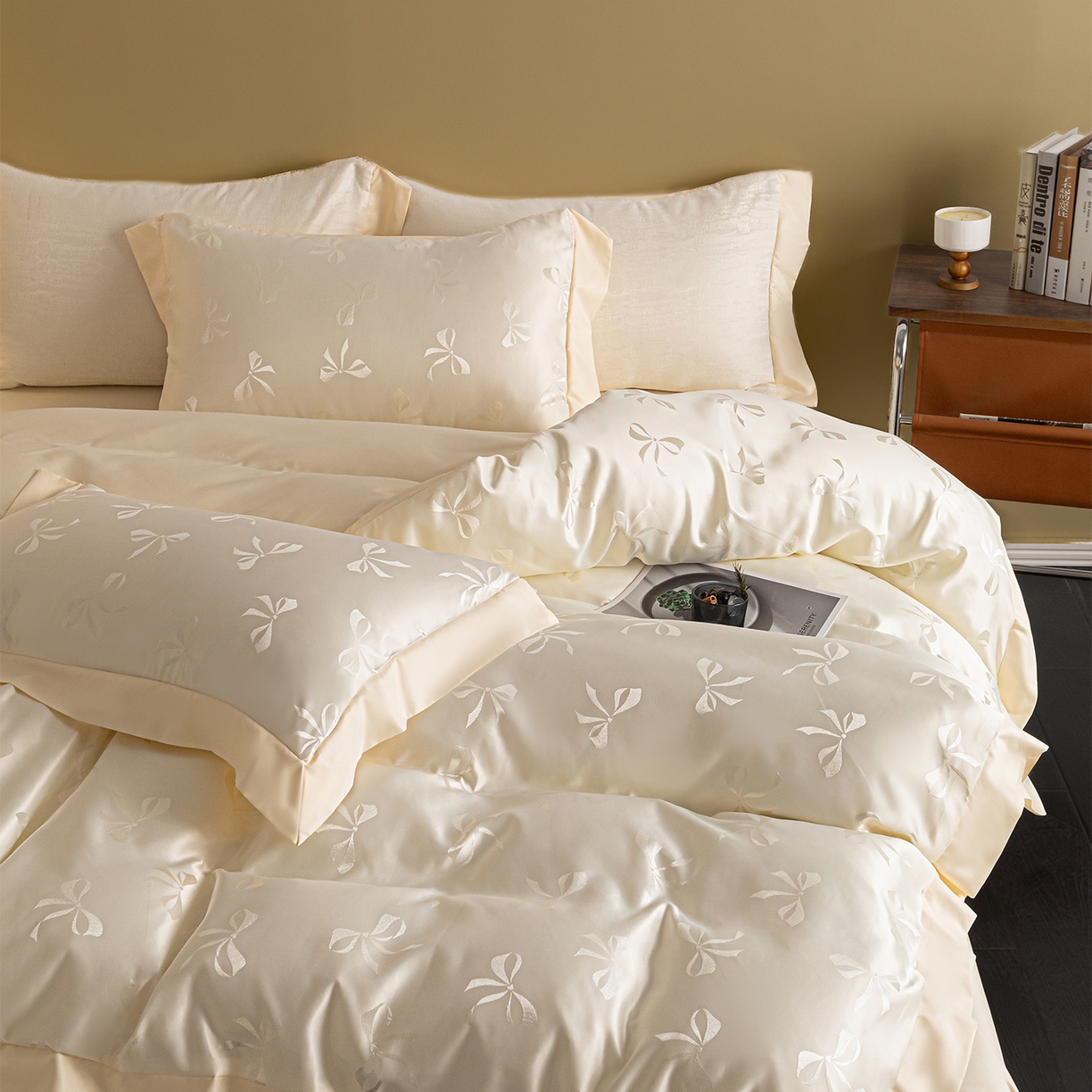 91家纺网 家纺一手货源 找家纺 悦织湾家纺 2026春夏新款亲肤冰丝提花四件套 雅蝶（奶白）