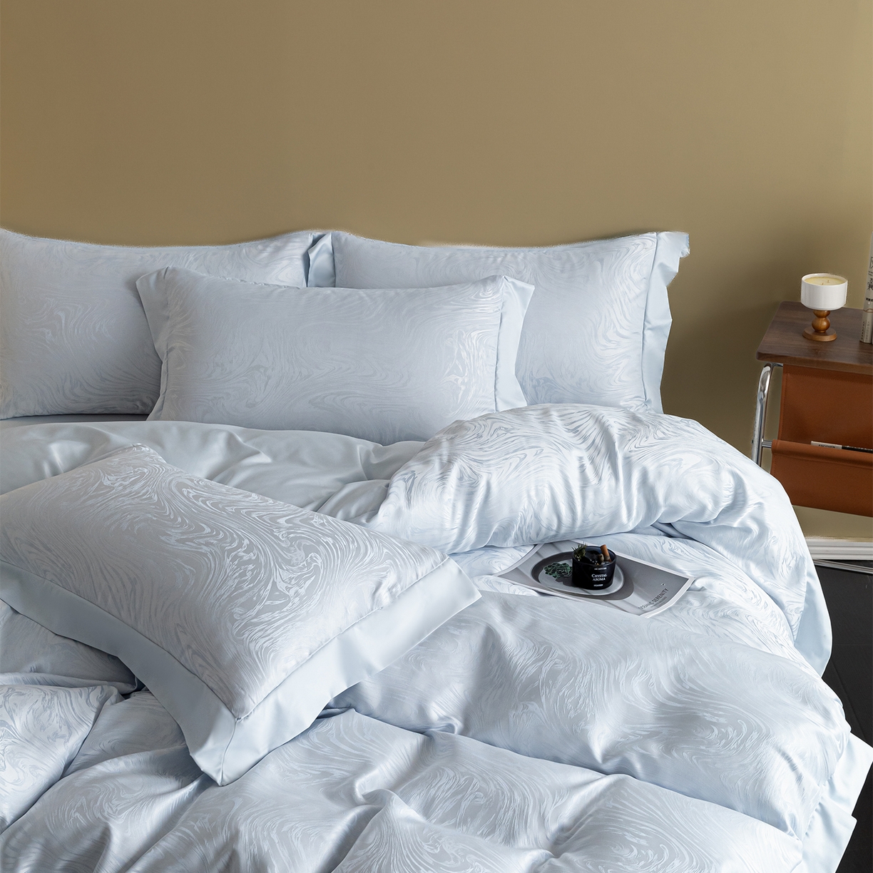 91家纺网 家纺一手货源 找家纺 悦织湾家纺 2026春夏新款亲肤冰丝提花四件套 星空（淡蓝）