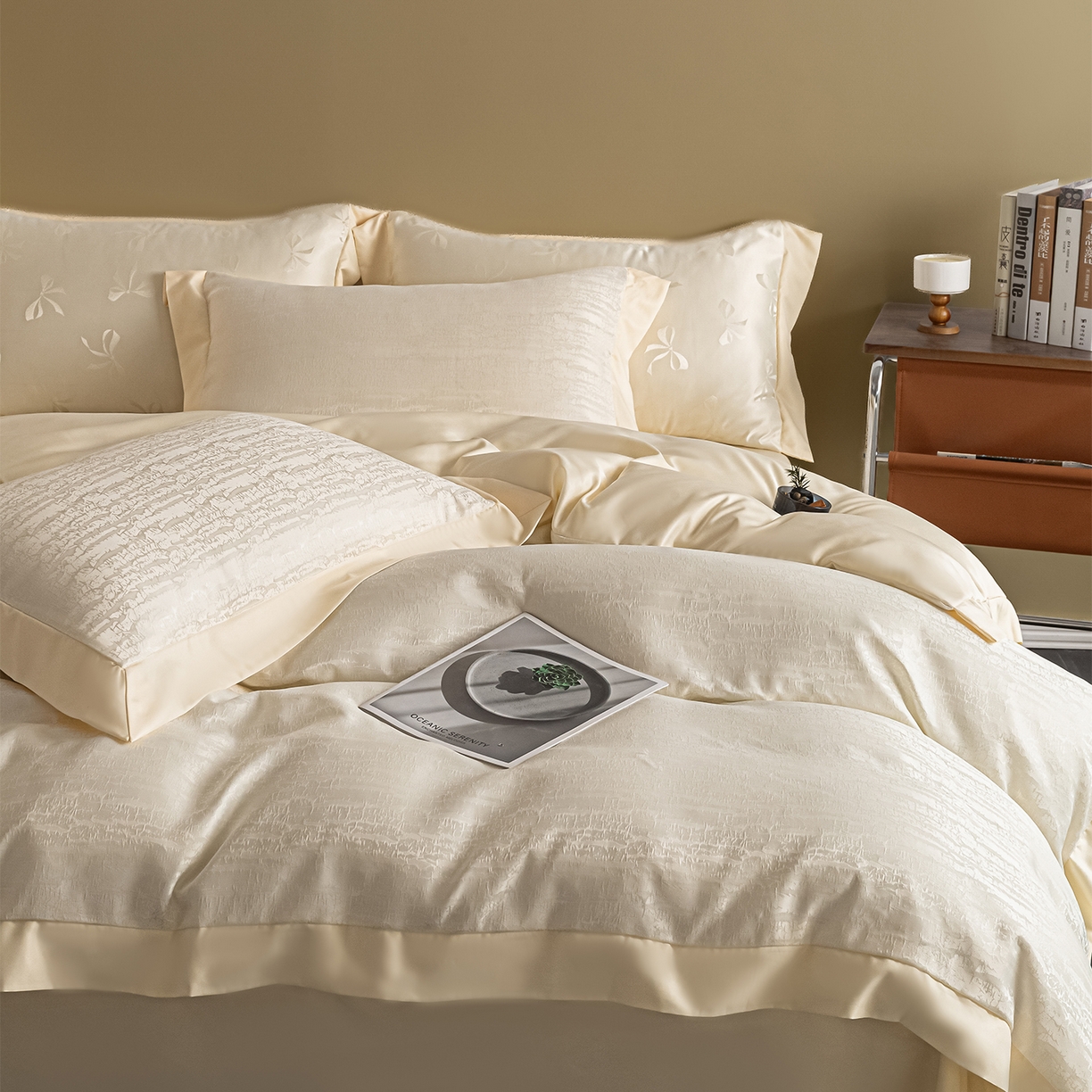 91家纺网 家纺一手货源 找家纺 悦织湾家纺 2026春夏新款亲肤冰丝提花四件套 流光（奶白）