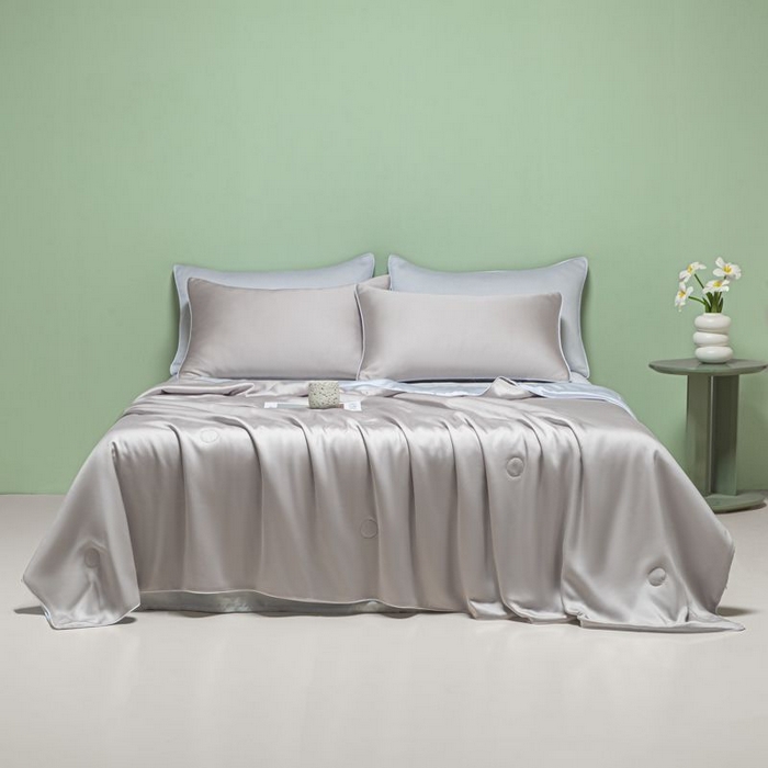 91家纺网 家纺一手货源 找家纺 悦织湾家纺 2026春夏新款麻绳款冰丝夏被夏凉被四件套 麻绳款夏被-青灰+碧湖兰