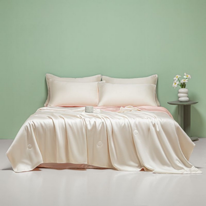 91家纺网 家纺一手货源 找家纺 悦织湾家纺 2026春夏新款麻绳款冰丝夏被夏凉被四件套 麻绳款夏被-奶昔白+粉