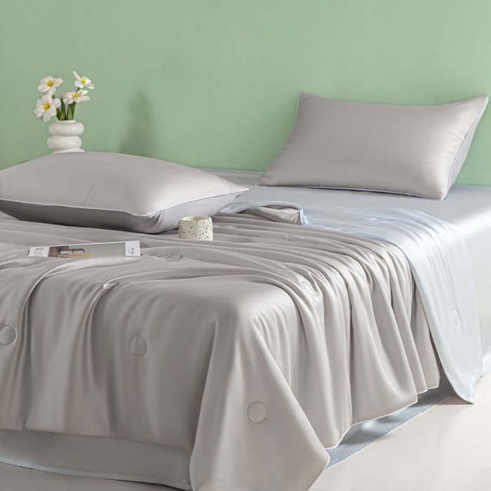 91家纺网 家纺一手货源 找家纺 悦织湾家纺 2026春夏新款麻绳款冰丝夏被夏凉被四件套 麻绳款夏被-青灰+碧湖兰