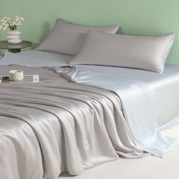 91家纺网 家纺一手货源 找家纺 悦织湾家纺 2026春夏新款麻绳款冰丝夏被夏凉被四件套 麻绳款夏被-青灰+碧湖兰