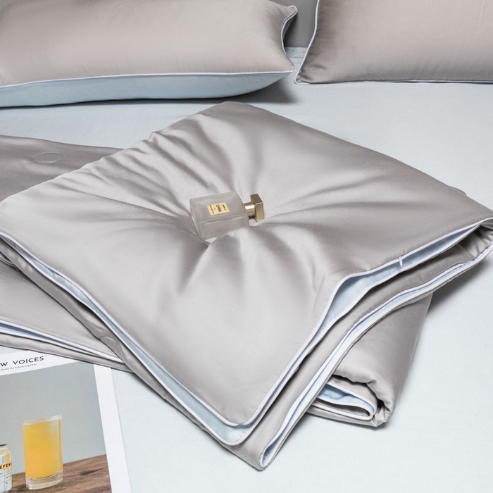 91家纺网 家纺一手货源 找家纺 悦织湾家纺 2026春夏新款麻绳款冰丝夏被夏凉被四件套 麻绳款夏被-青灰+碧湖兰