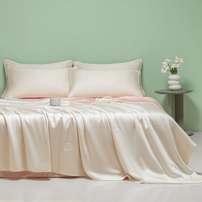 91家纺网 家纺一手货源 找家纺 悦织湾家纺 2026春夏新款麻绳款冰丝夏被夏凉被四件套 麻绳款夏被-奶昔白+粉