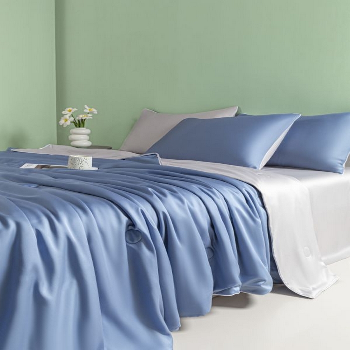 91家纺网 家纺一手货源 找家纺 悦织湾家纺 2026春夏新款麻绳款冰丝夏被夏凉被四件套 麻绳款夏被-星海蓝+青灰