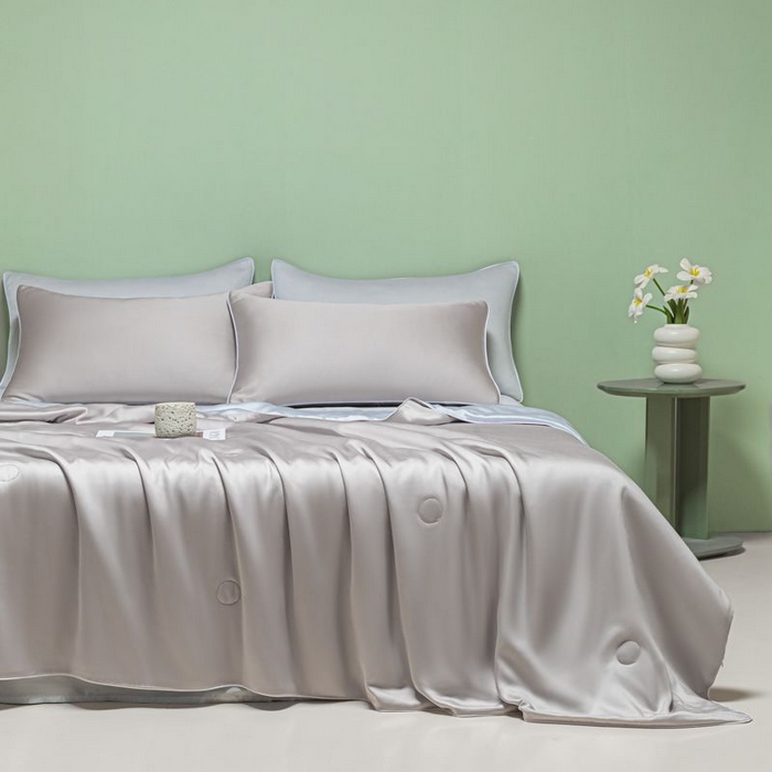 91家纺网 家纺一手货源 找家纺 悦织湾家纺 2026春夏新款麻绳款冰丝夏被夏凉被四件套 麻绳款夏被-青灰+碧湖兰