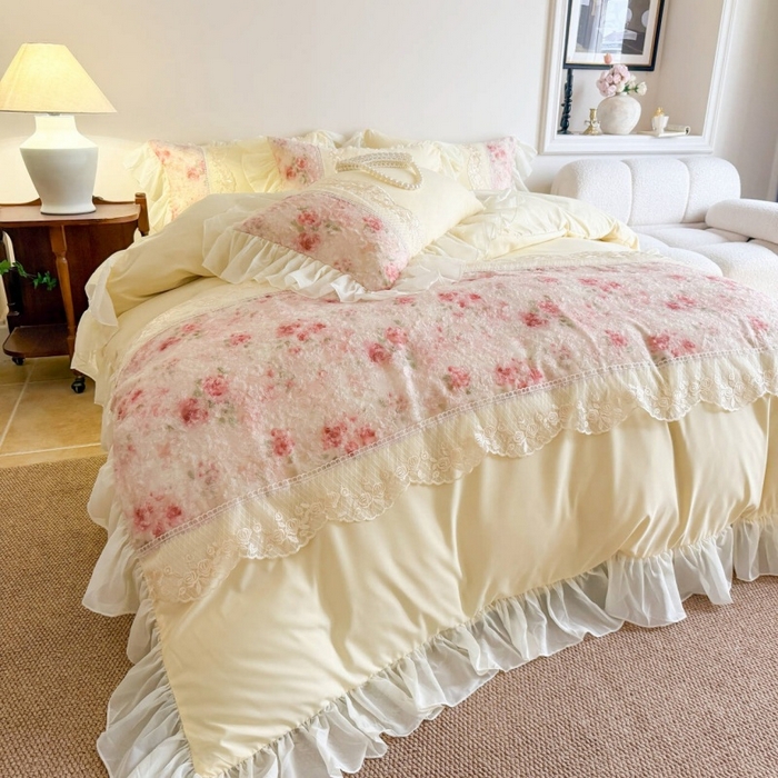 91家纺网 家纺一手货源 找家纺 （总）富盛家纺 2026新款水洗亲肤棉蕾丝刺绣四件套-爱丽丝