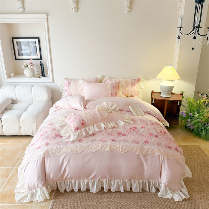 91家纺网 家纺一手货源 找家纺 （总）富盛家纺 2026新款水洗亲肤棉蕾丝刺绣四件套-爱丽丝