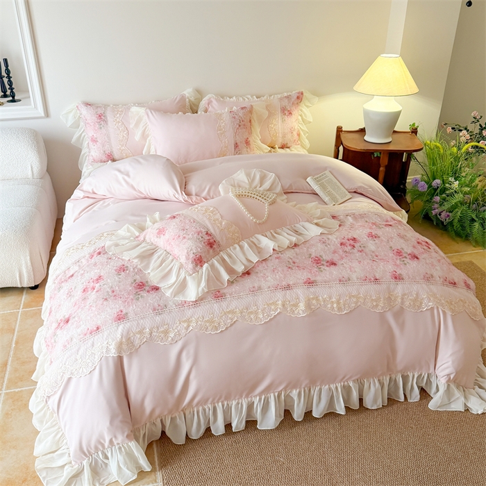 91家纺网 家纺一手货源 找家纺 （总）富盛家纺 2026新款水洗亲肤棉蕾丝刺绣四件套-爱丽丝