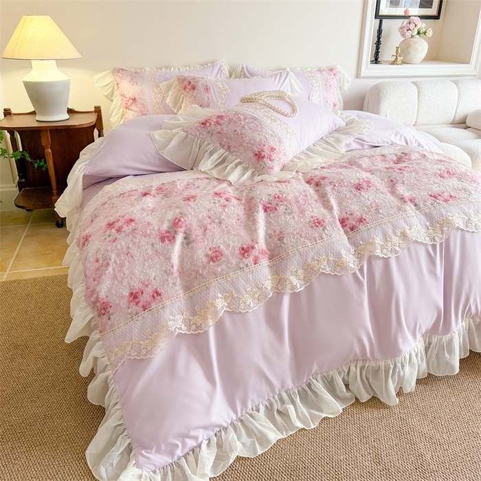 91家纺网 家纺一手货源 找家纺 （总）富盛家纺 2026新款水洗亲肤棉蕾丝刺绣四件套-爱丽丝