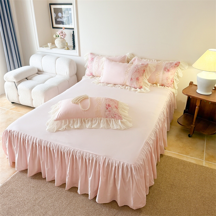 91家纺网 家纺一手货源 找家纺 富盛家纺 2026新款水洗亲肤棉蕾丝刺绣四件套-爱丽丝 爱丽丝—粉